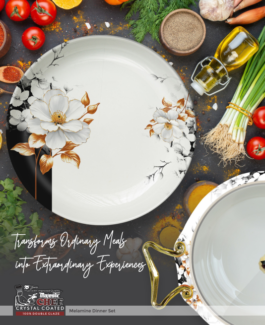 Premium melamine dinner set with crystal-coated finish by Majestic Chef – top cookware brand in Pakistan offering durable and elegant dinnerware.
