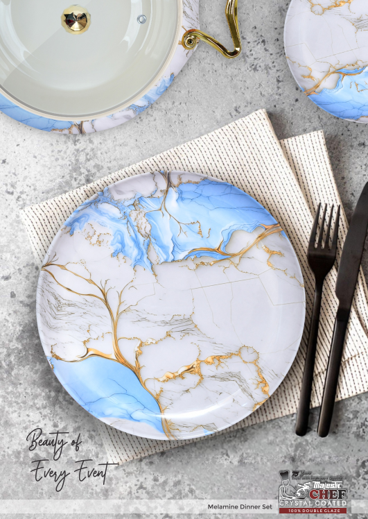 "Melamine crystal-coated dinnerware set by Majestic Chef, a leading cookware brand in Pakistan – durable, stylish, and ideal for everyday use or special occasions."
