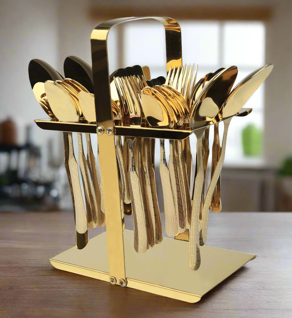 Stainless Steel PVD Gold Plated Cutlery Set 28 Pcs With Stand - Versace Design