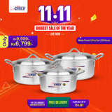 Chef Best Silver Steel 3 Pcs Royal Casserole Set/ Handi Set - 20/24 cm-Metal Finish