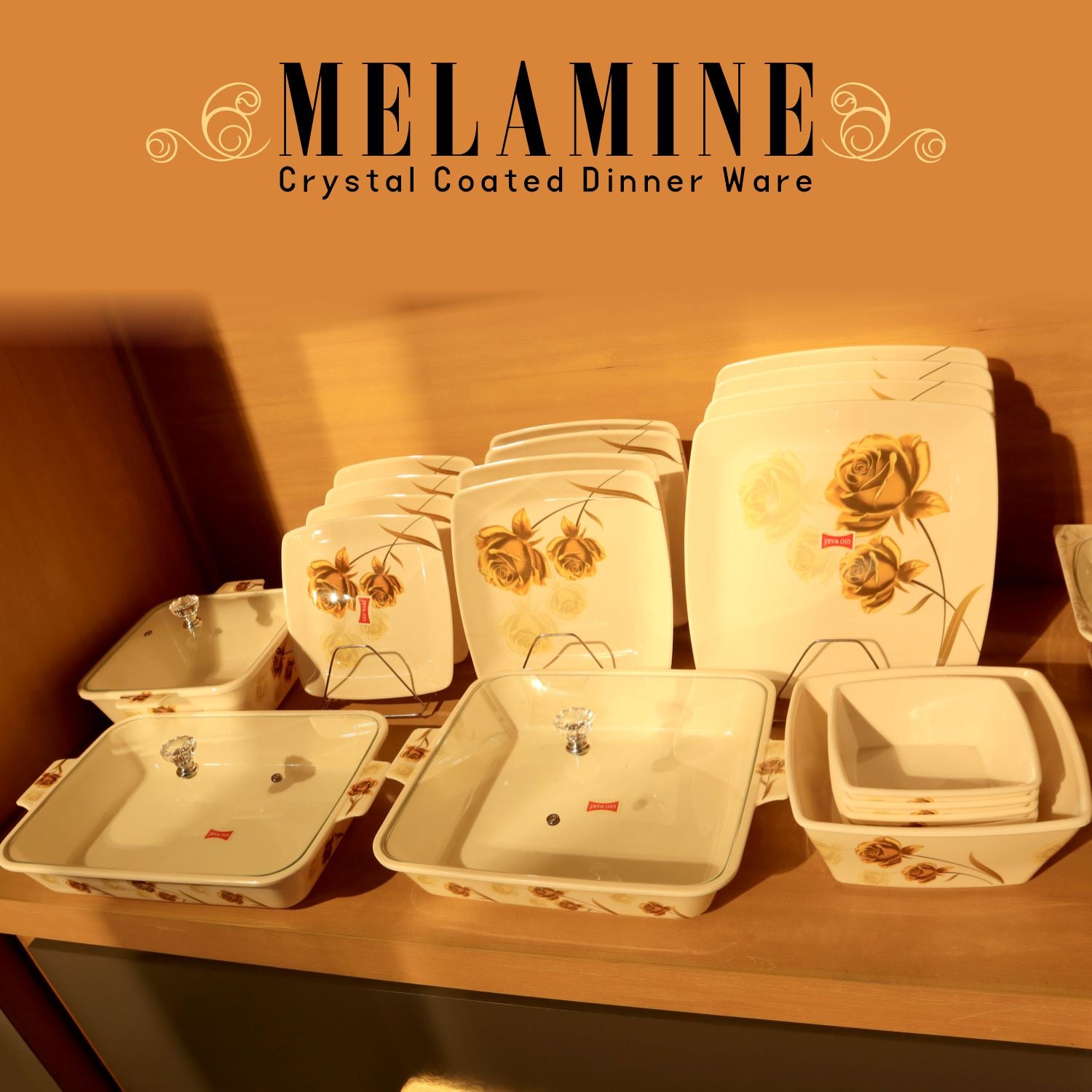 Melamine crystal coated dinnerware set on a wooden surface with 'Melamine' text above.