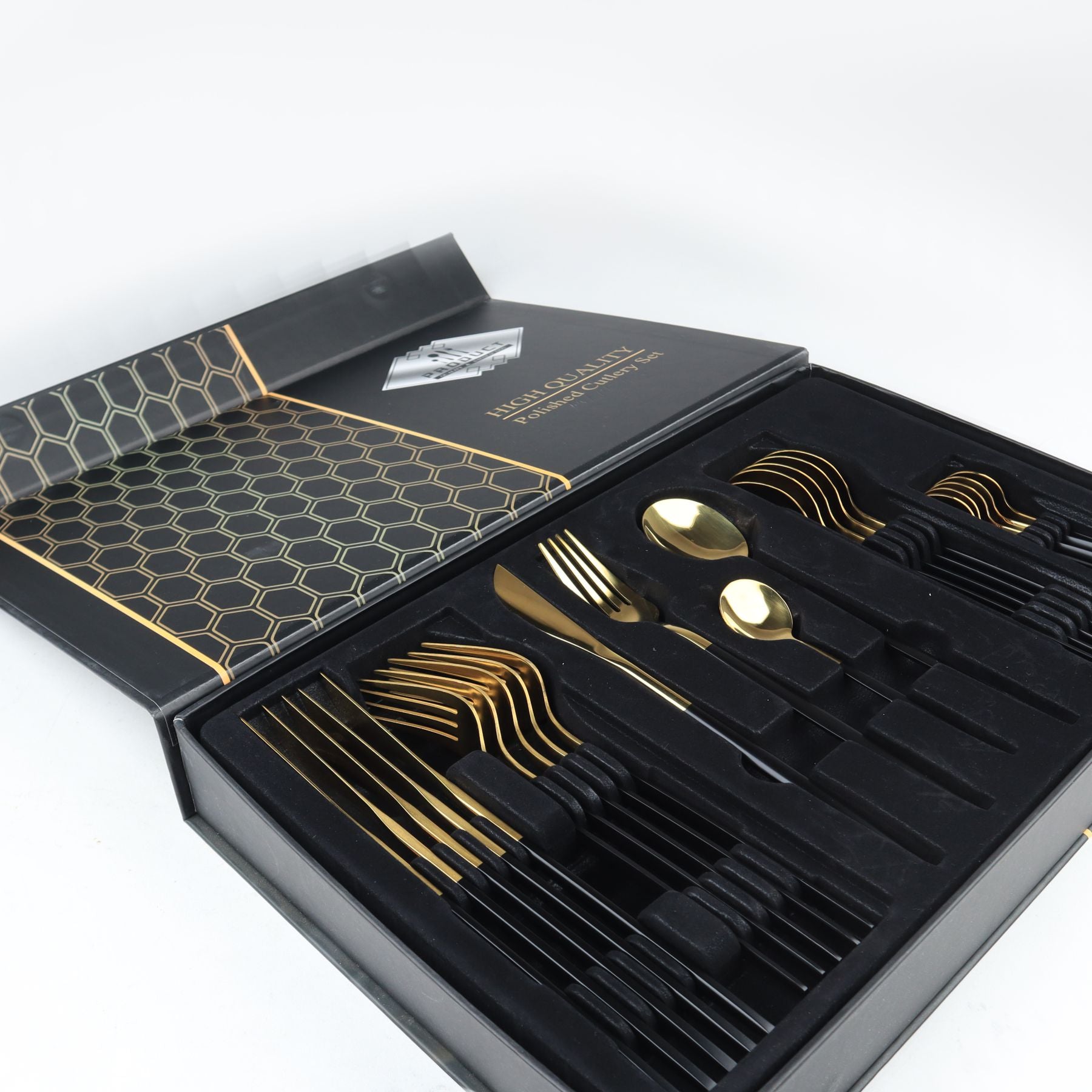 black and pvd coated gold plating imported cutlery set 6 persons serving 24 pcs best for gifting and dinning at majesticchef.pk with low prices