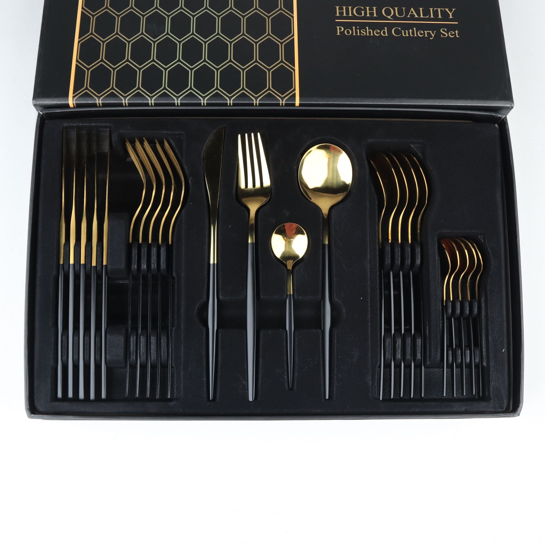 black and pvd coated gold plating imported cutlery set 6 persons serving 24 pcs best for gifting and dinning at majesticchef.pk with low prices