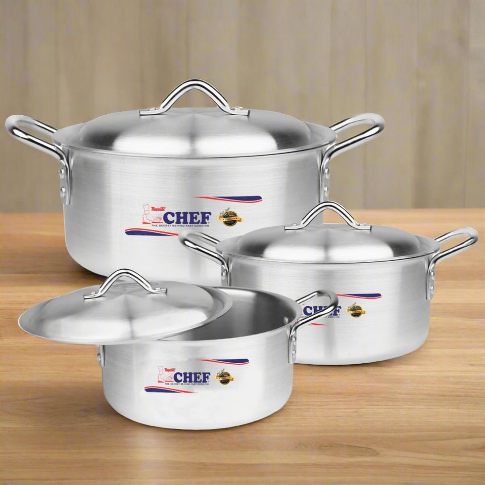 Chef Best Silver Steel 3 Pcs Royal Casserole Set/ Handi Set - 20/24 cm-Metal Finish