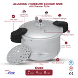 infographics or details of majestic pressure cooker with steamer short handle - majestic chef