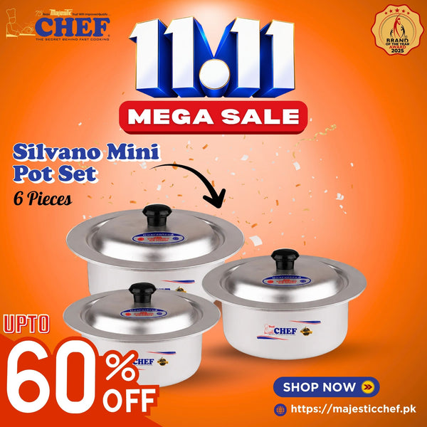 Six-piece aluminum mini pot set with three silver pots, matching lids, and black knobs