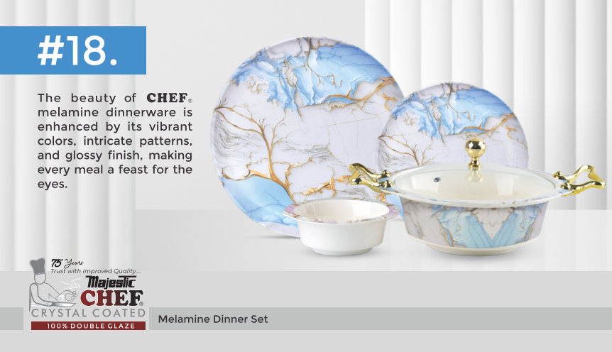 "Melamine crystal-coated dinnerware set by Majestic Chef, a leading cookware brand in Pakistan – durable, stylish, and ideal for everyday use or special occasions."