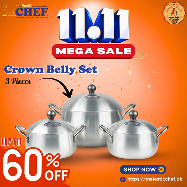 Three-piece stainless steel belly cooking pan set with domed lids and rounded knobs
