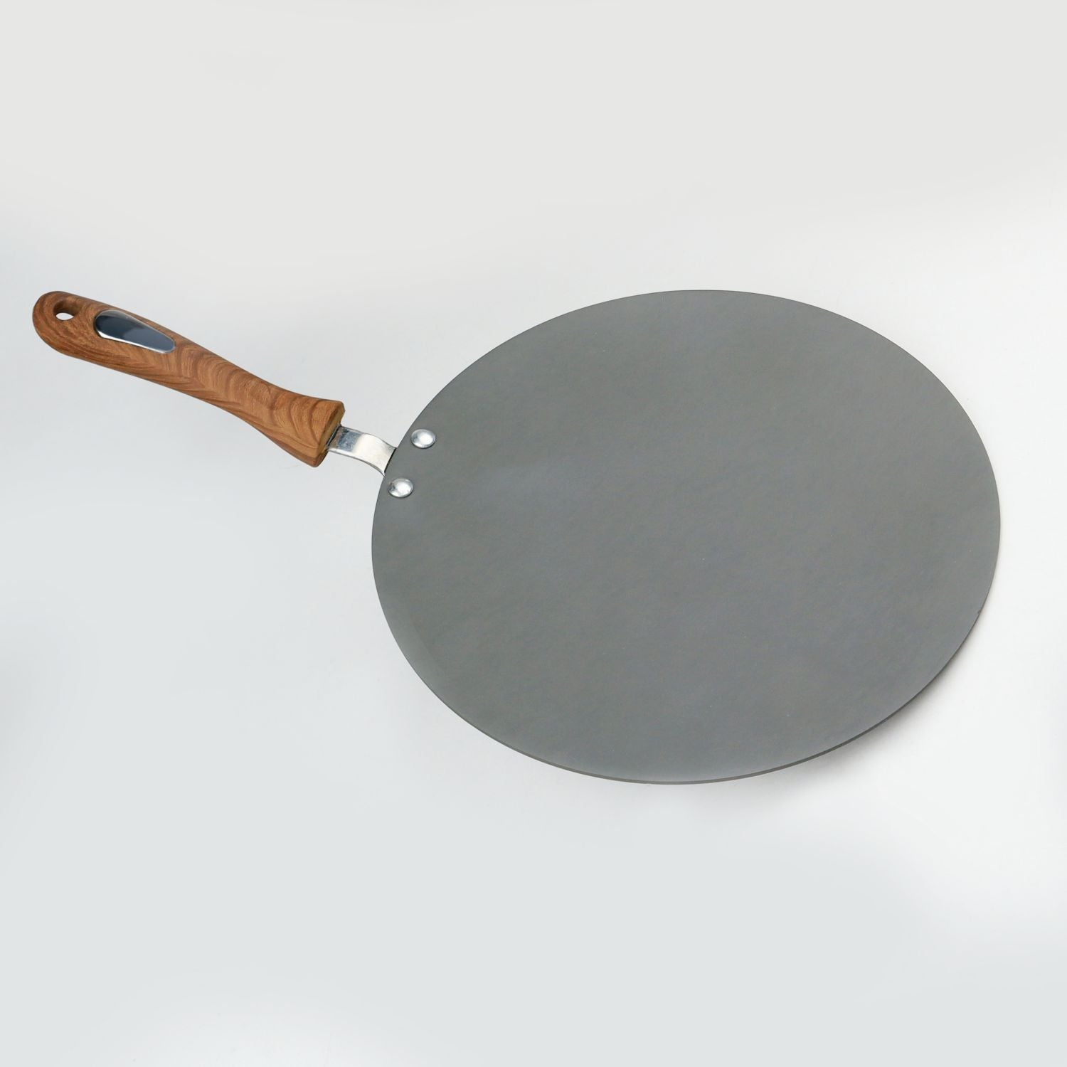 Gray flatbread pan with a wooden handle on a white background at best price at majesticchef.pk