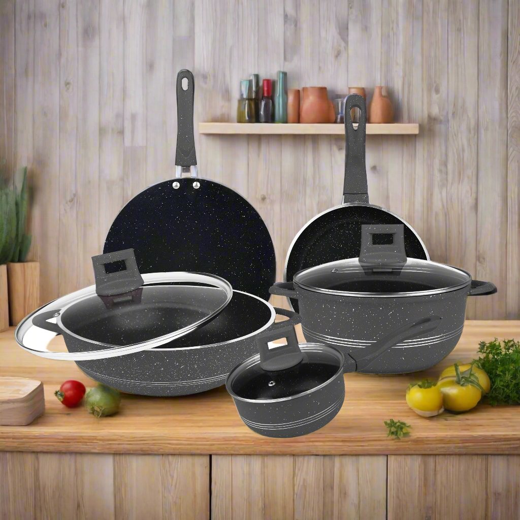 Majestic Chef Marble Coating DIE CAST NON STICK COOKWARE SET-(08PCS) - Black - Budget Pack