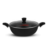 nonstick wok cooking pan with glass lid karahi with double side helping handle - majestic chef cookware