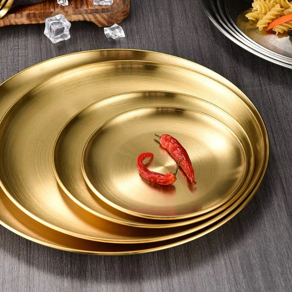 Stainless Steel Gold Plated Serving Tray Metal Platter Reusable Dishwasher Safe Dinner Plates Round Dinner Dishes Decorative Storage Tray