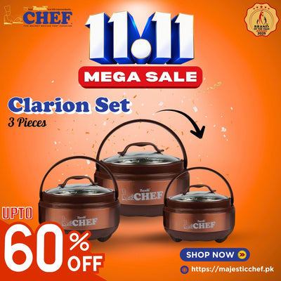 Set of 3  Stainless Steel Clarion Hot Pot Set With Glass Lid - Brown