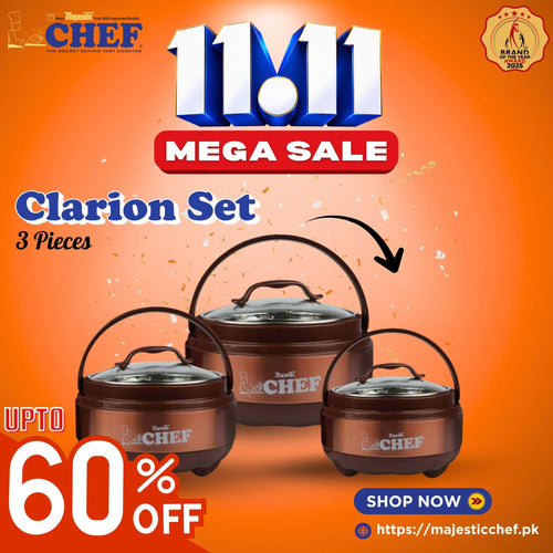 Set of 3  Stainless Steel Clarion Hot Pot Set With Glass Lid - Brown