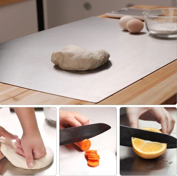 Collage of a person working with dough and cutting vegetables on a white surface.