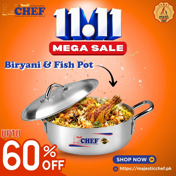 Metal-finish biryani and fish pot with side handles, domed lid, and cooked food inside