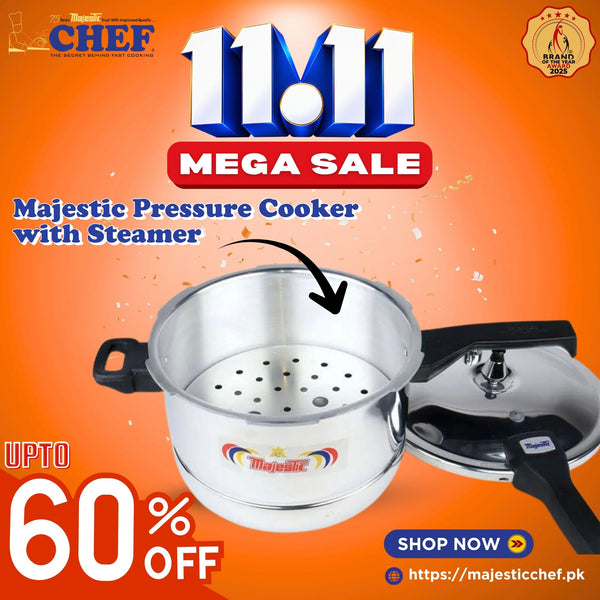 Stainless steel pressure cooker with a perforated steamer insert and locking lid