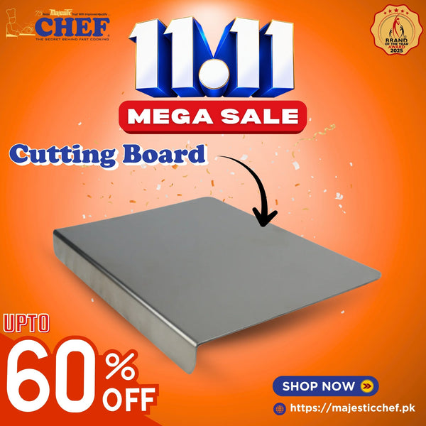 Stainless steel cutting board with a flat rectangular surface and raised edge