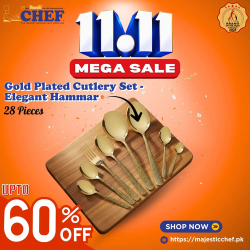 Chef Stainless Steel 28 Pcs PVD Coating Gold Plated Cutlery Set - Elegant Hammar