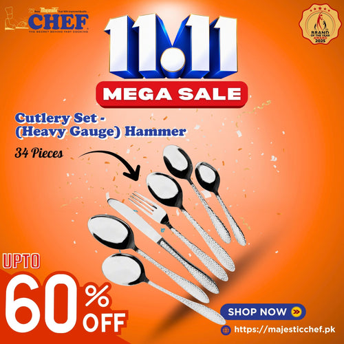 11 Gauge Premium Stainless Steel Cutlery Set - 34 Pieces (Heavy Gauge) Hammer