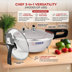 Majestic CHEF Anodized 3 In 1 Pressure Cooker Karahi with Glass Lid