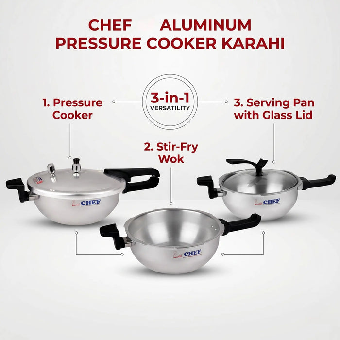 Majestic CHEF Anodized 3 In 1 Pressure Cooker Karahi with Glass Lid