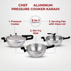 Majestic CHEF Anodized 3 In 1 Pressure Cooker Karahi with Glass Lid