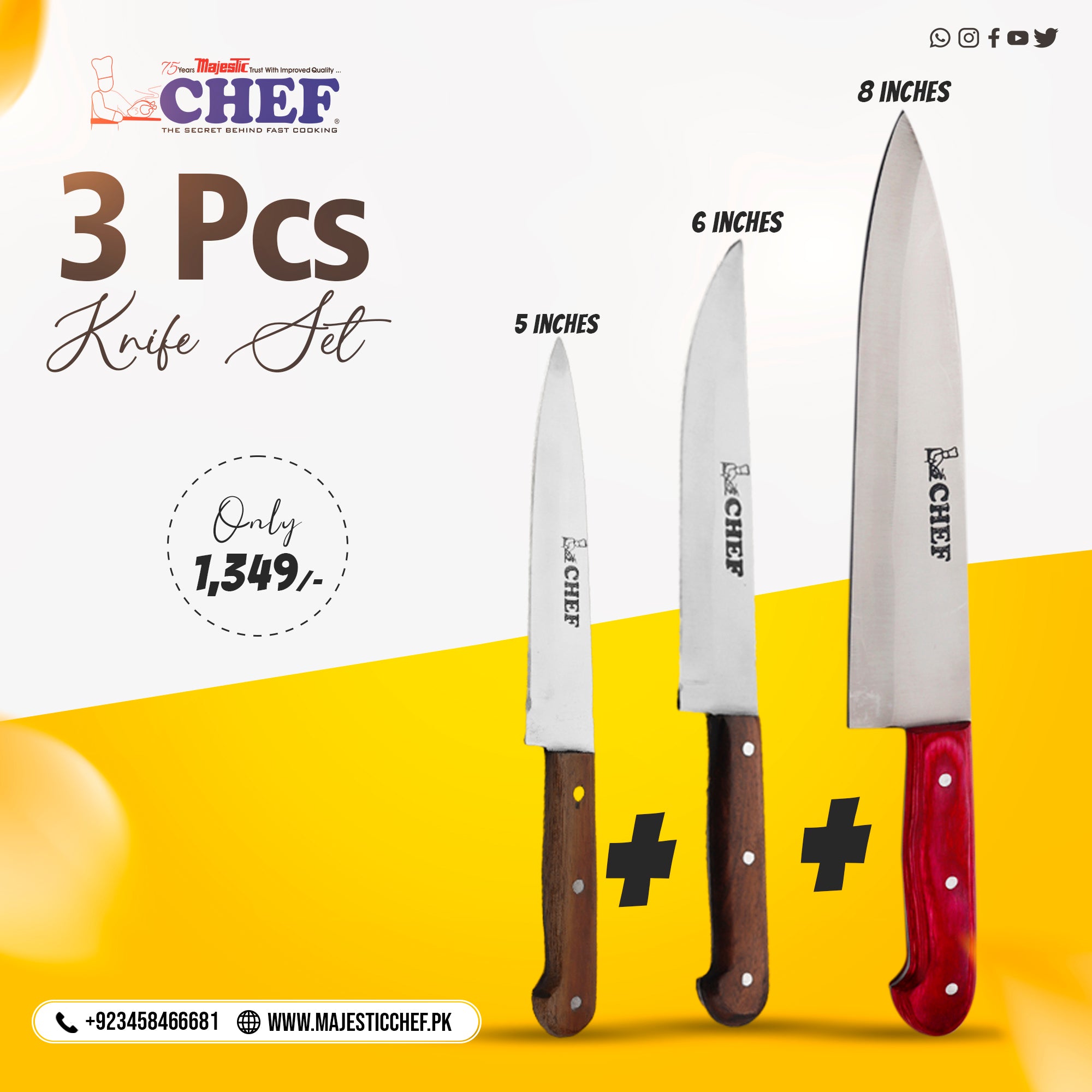 3 Pcs Stainless Steel Chef Knife Set - Combo Deals ( 5,6 inch & Pro knife 8 inch ) WH - best cookware brand in Pakistan