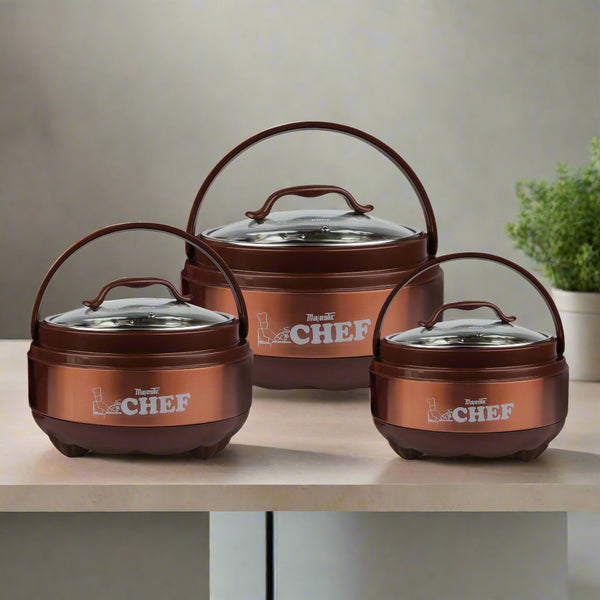 Majestic Chef Stainless Steel Clarion 3pcs Hot Pot set With Glass Lid -Brown