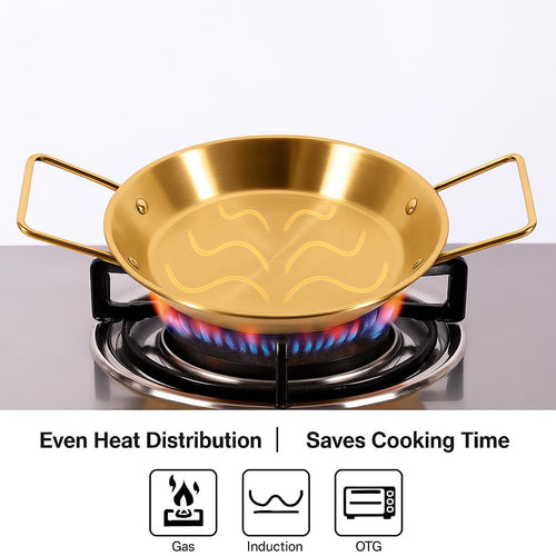 Stainless Steel Golden Serving Tray Round Spanish Seafood Cooking Pan with Two Handles Wok - KOREAN Hover