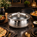 Stainless Steel Serving Handi with Lid – Hammered Finish for Curry, Karahi & Biryani