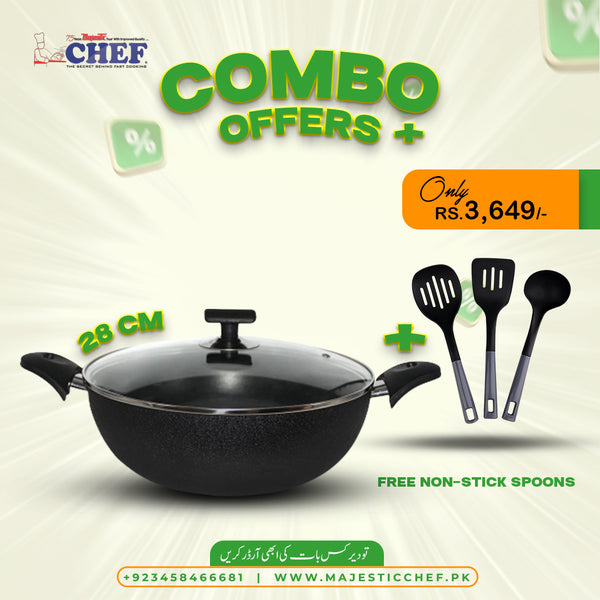 Chef Nonstick Wok / Karahi 28 cm With Free NS Cooking Spoons