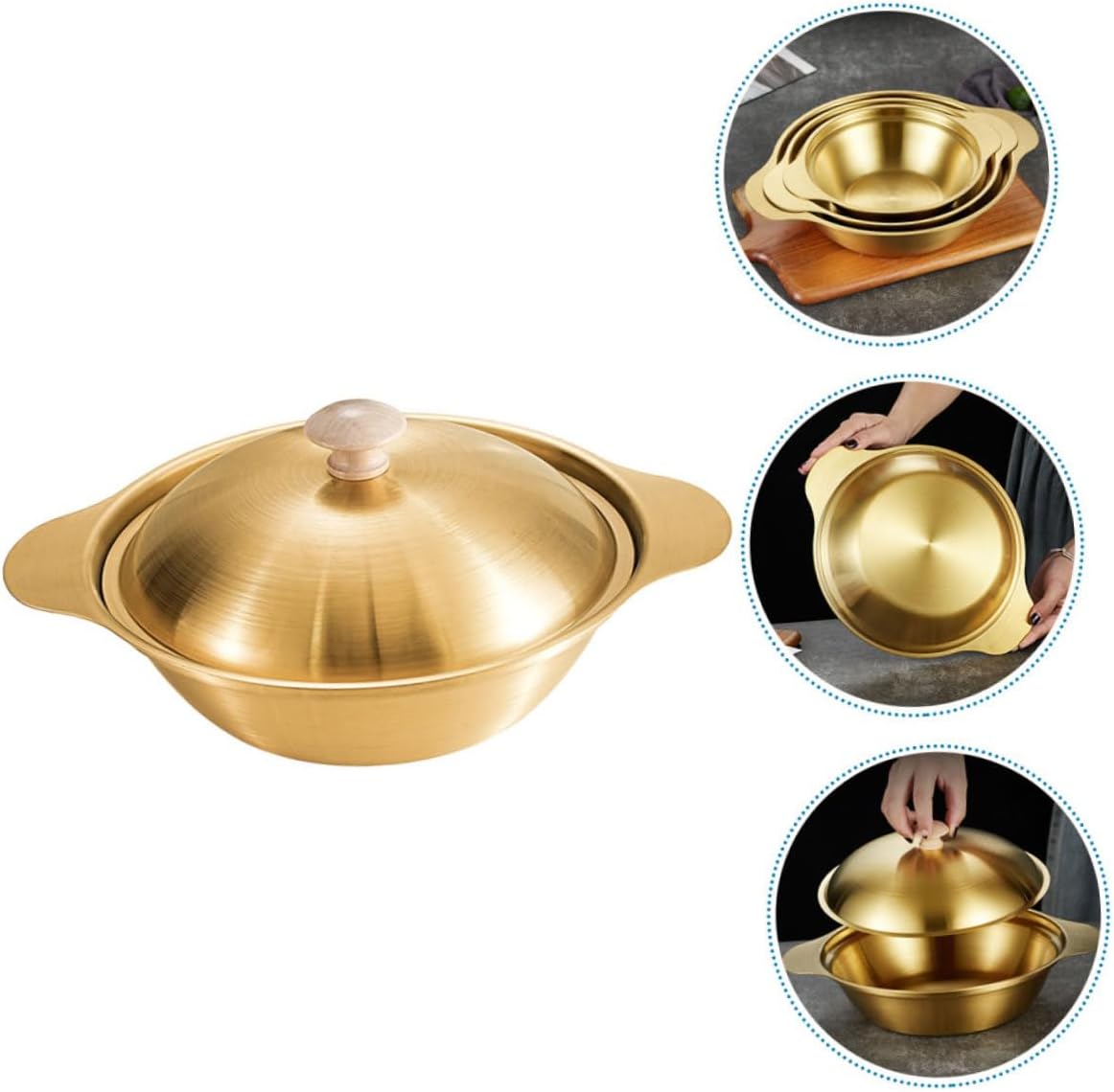 Majestic Chef Stainless Steel Gold Plated WOK with Double Handles and Lid - KOREAN