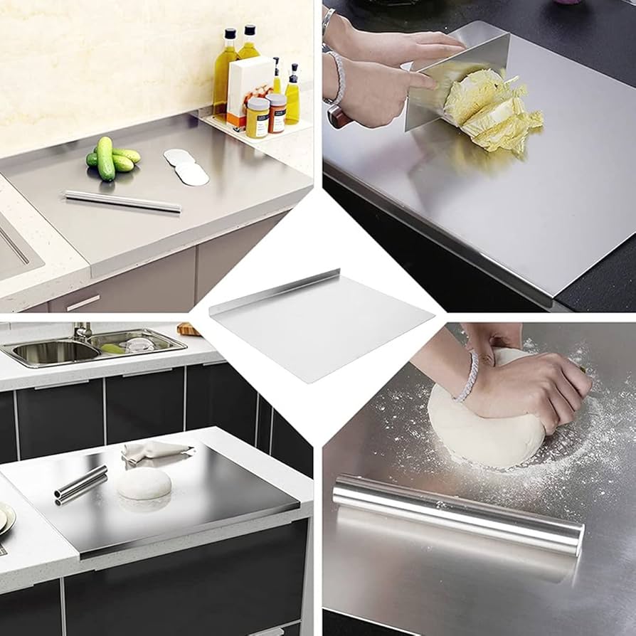 Collage of a kitchen setup with stainless steel surfaces and tools.
