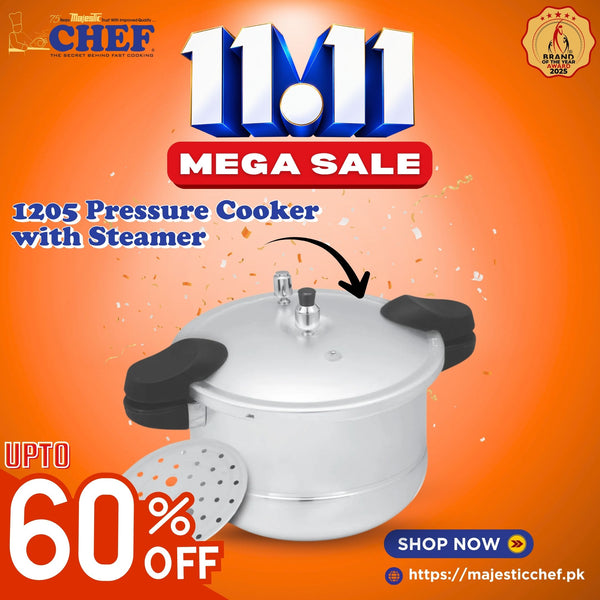Aluminum pressure cooker with steamer insert, black side handles, and pressure valve
