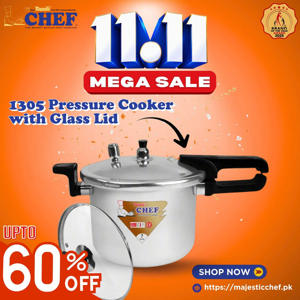Aluminium pressure cooker with black handles, metal lid, pressure valves, and a separate glass lid