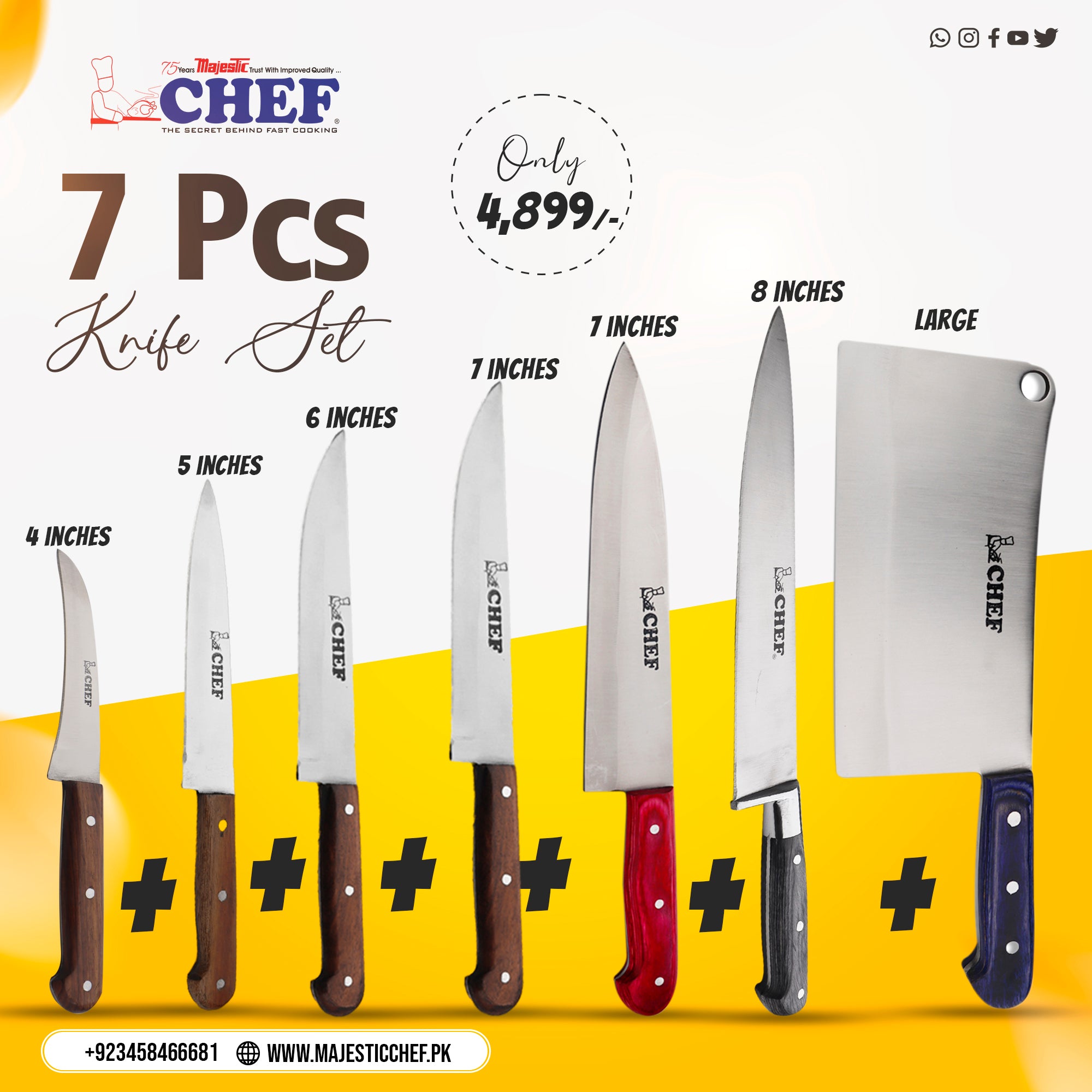 7 Pcs Stainless Steel Chef Knife Set-Combo Deals ( 4,5,6,7 inch & Pro knife 7 inch + Brazil Knife 8 inch & Large Cleaver) WH