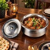 Stainless Steel Serving Handi with Lid – Hammered Finish for Curry, Karahi & Biryani
