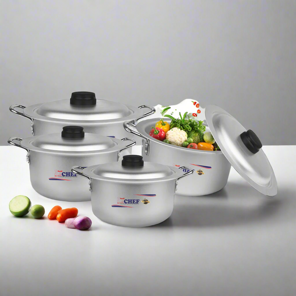 Four Silvano aluminium casserole pots with side handles and lids