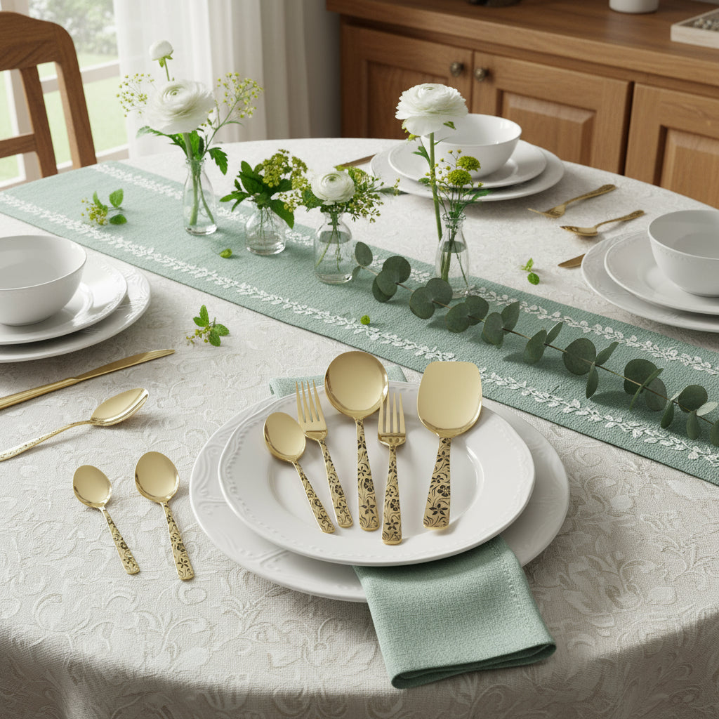 Chef Stainless Steel 28 Pcs PVD Coating Gold Plated Cutlery Set - Elegant Laser