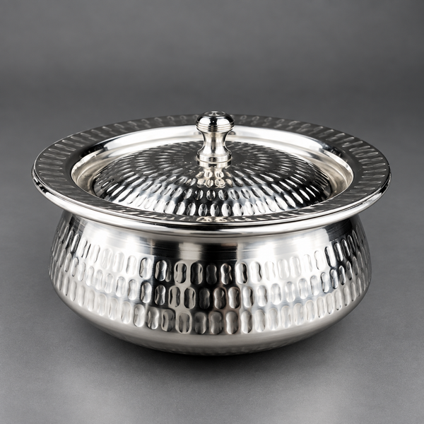 Stainless Steel Serving Handi with Lid – Hammered Finish for Curry, Karahi & Biryani