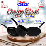 Majestic Chef non-stick cookware set with combo deal pricing on a blurred background