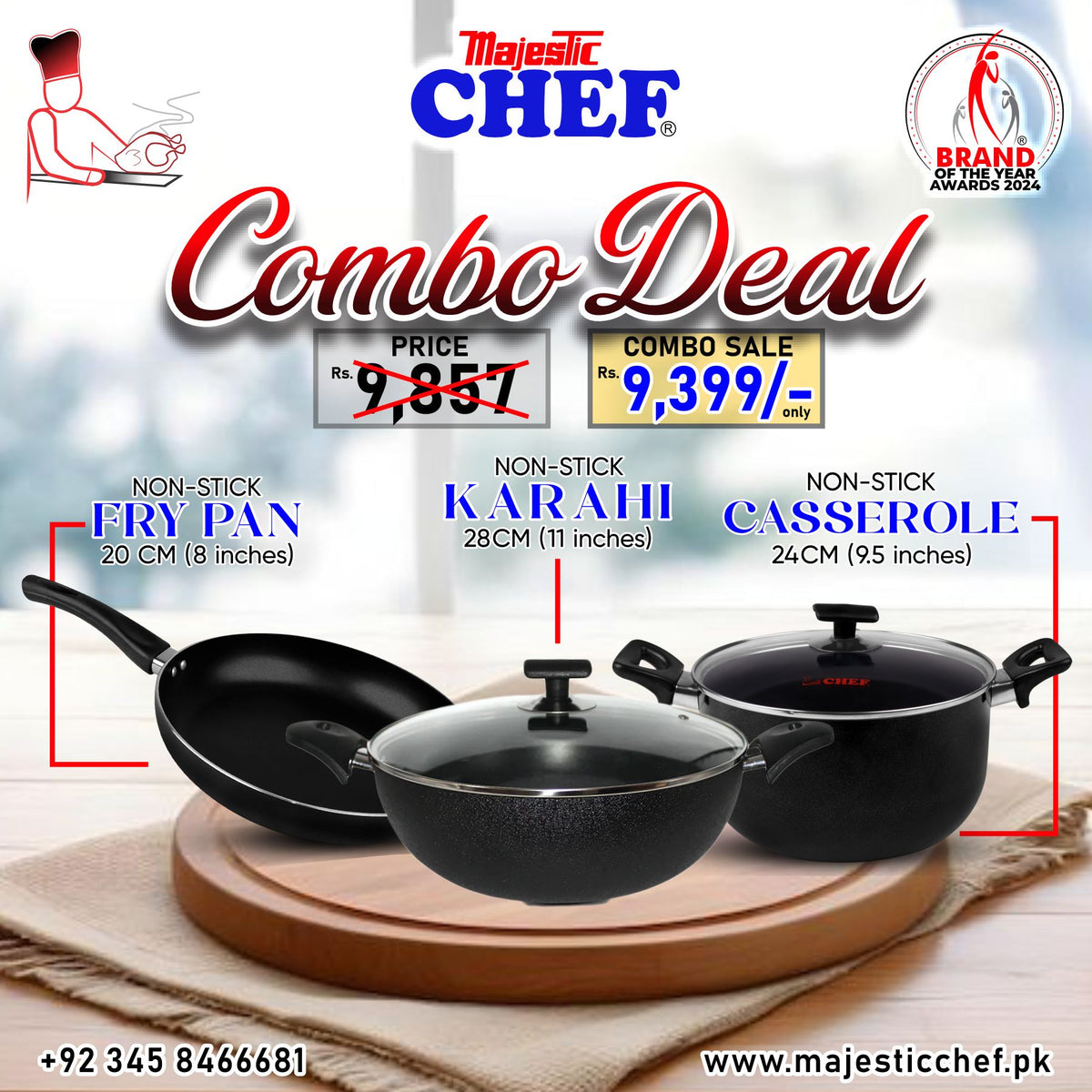 Majestic Chef cookware set with combo deal pricing on a blurred background