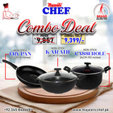 Majestic Chef cookware set with combo deal pricing on a blurred background
