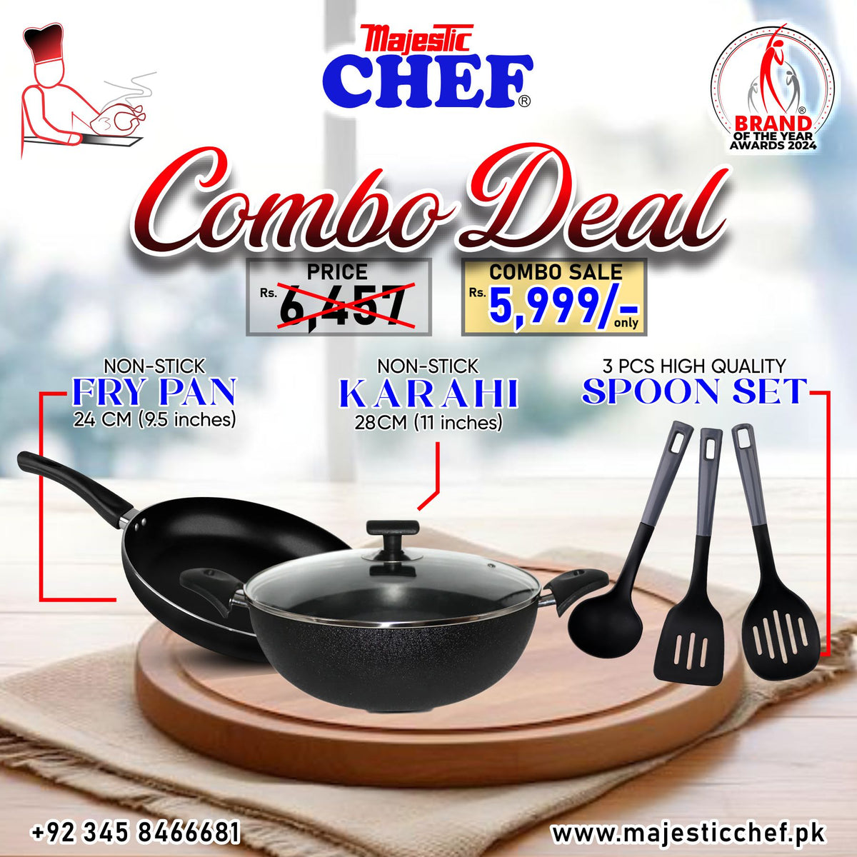 Majestic Chef cookware set with non-stick fry pan, karahi, and spoon set on a wooden board.