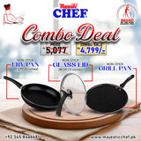 Majestic Chef cookware set with non-stick fry pan, glass lid, and grill pan on a wooden stand.