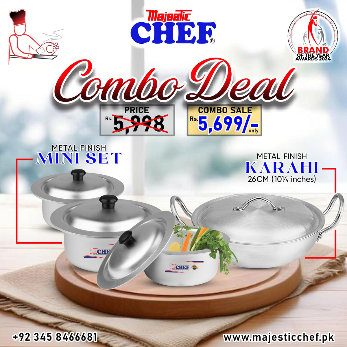 Majestic Chef cookware set with combo deal pricing on a blurred background