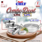 Majestic Chef cookware set with combo deal pricing on a blurred background