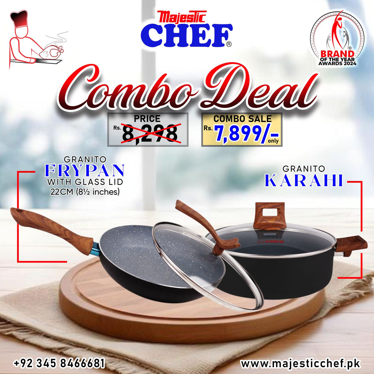 Majestic Chef combo deal with Granito Frying Pan and Karahi on a wooden board.
