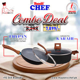Majestic Chef combo deal with Granito Frying Pan and Karahi on a wooden board.